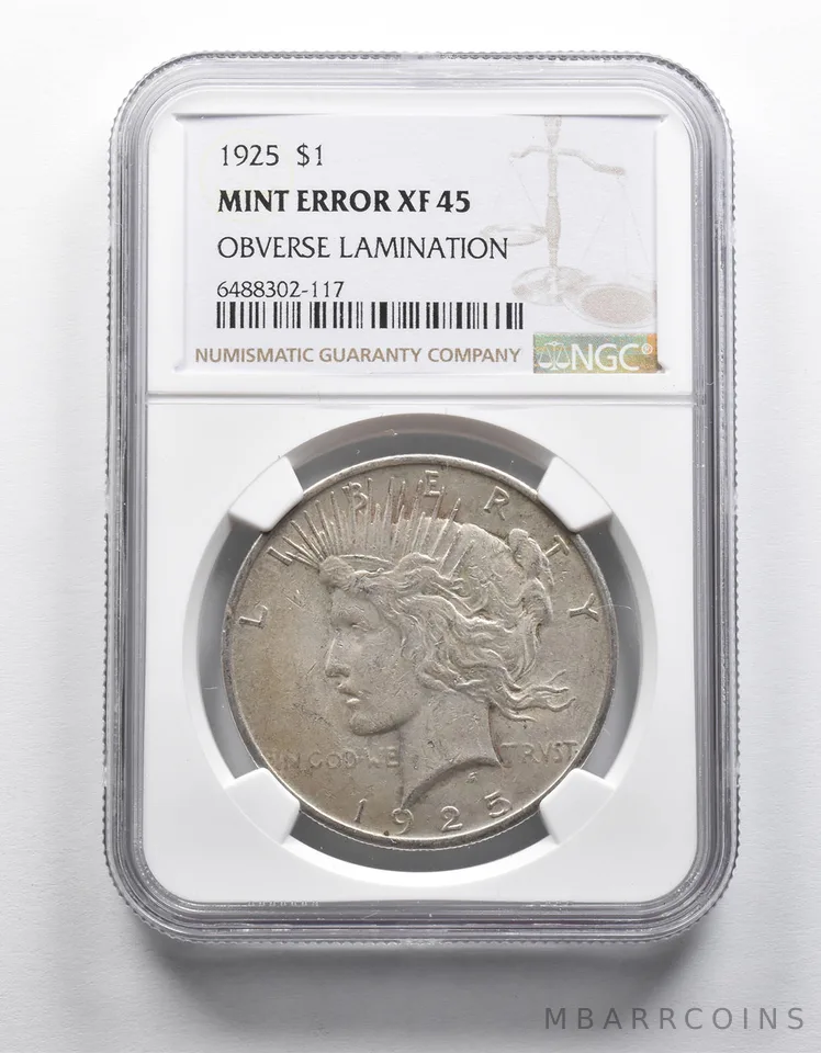 Mint Error XF45 1925 Peace Silver Dollar OBV Lamination NGC *1894