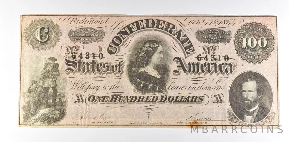 1864 $100 Confederate States Of America T-65 Large Note *8597