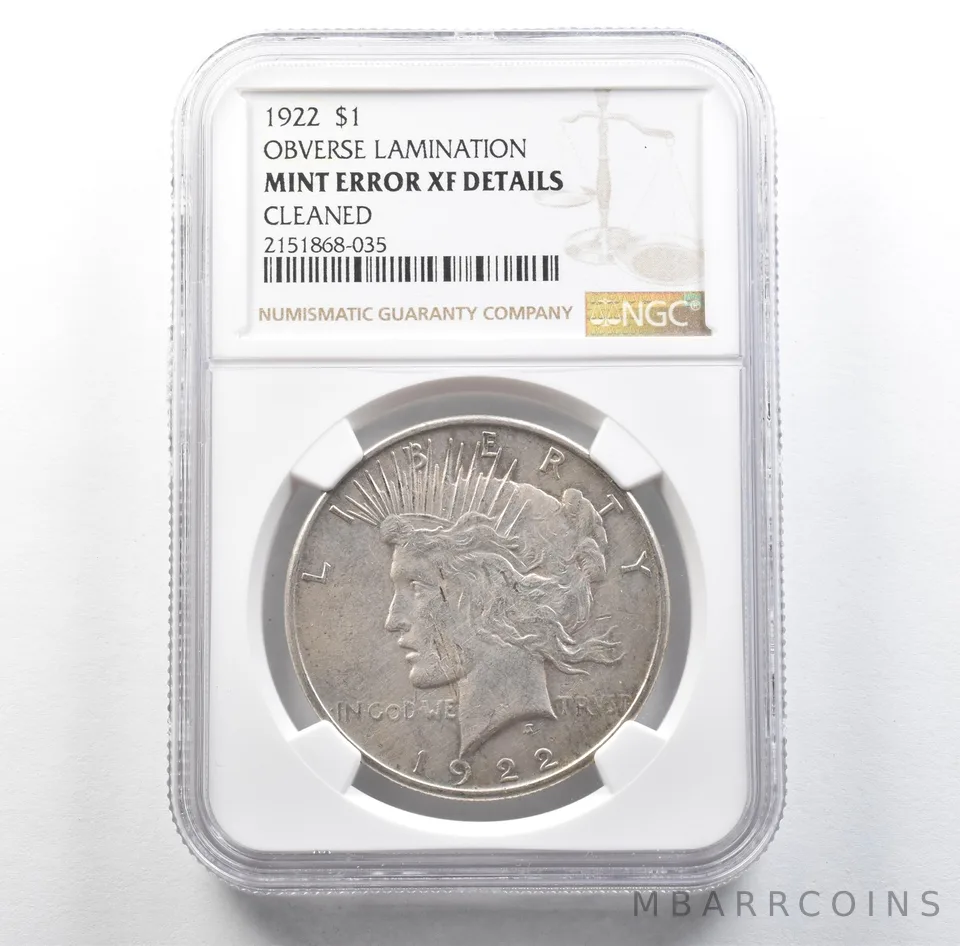 1922 Peace Silver Dollar Mint Error Obverse Lamination XF Details NGC *3191