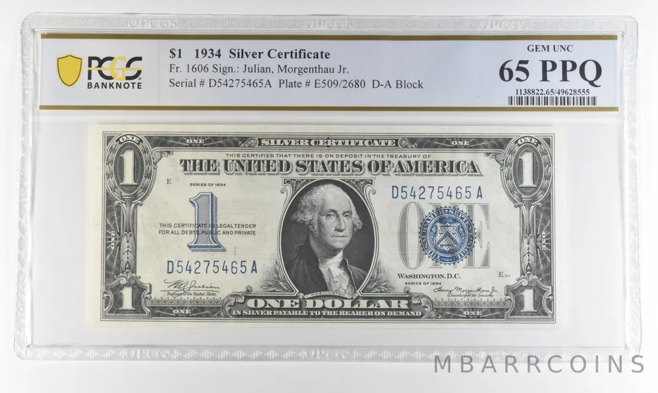 1934 $1 Silver Certificate Fr#1606 Gem Unc 65 PPQ PCGS *4364