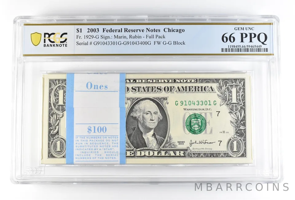(100) 2003 $1 Chicago IL FRN Fr#1929-G Full Pack Gem Unc 66 PPQ PCGS *0194