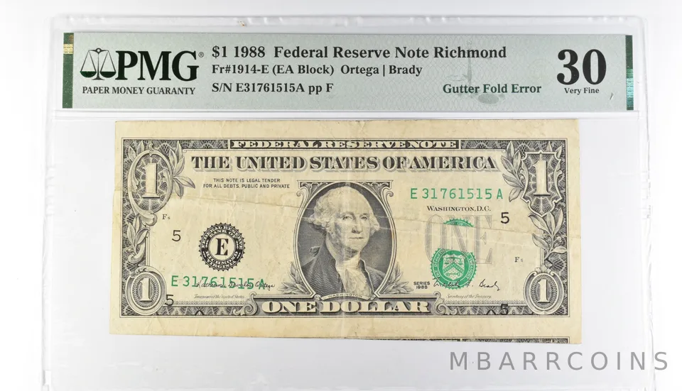 PMG 30 VF $1 1988 FRN Richmond Fr#1914-E Gutter Fold Error *3204