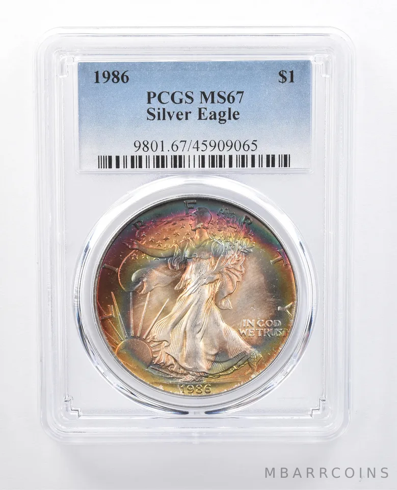 1986 American Silver Eagle MS67 PCGS Rainbow Tone *7993