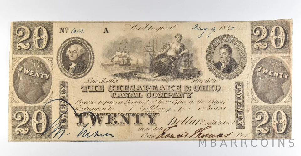 1840 $20 Washington DC Chesapeake & Ohio Canal Company Obsolete Note *8479