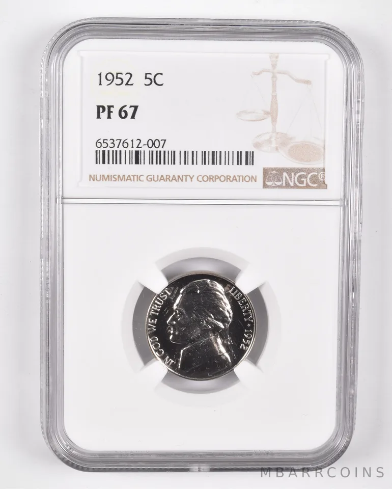 1952 Jefferson Nickel PF67 NGC PR Proof Brown Lbl