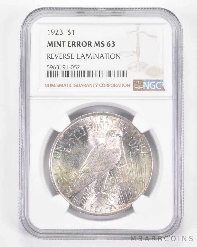 Mint Error MS63 1923 Peace Silver Dollar - REV Lamination - Graded NGC *8890
