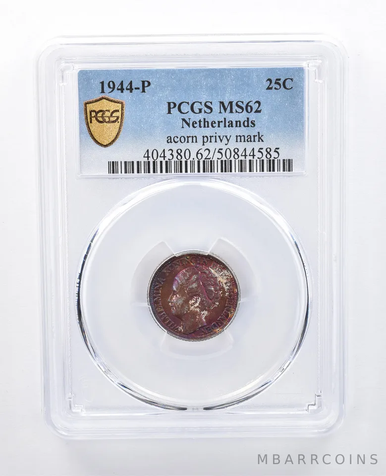 1944 P Netherlands 25 Cents Acord Privy Mark MS62 PCGS Purple Tone *8091