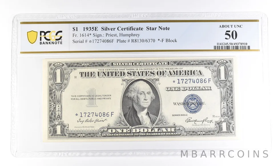 $1 1935 E Silver Certificate Star Note Fr#1614* About Unc 50 PCGS *3992