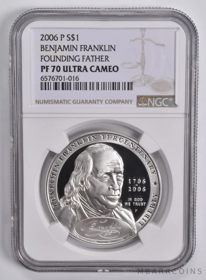2006-P Ben Franklin Founder Commem. Silver Dollar PF70 UCAM NGC Brown Lbl