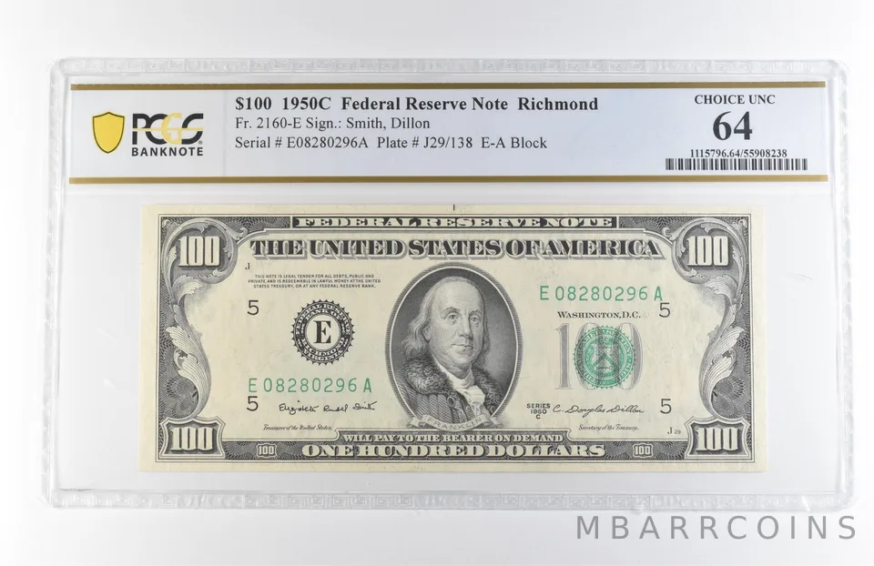 1950 C $100 Richmond VA FRN Fr#2160-E Choice Unc 64 PCGS *7867