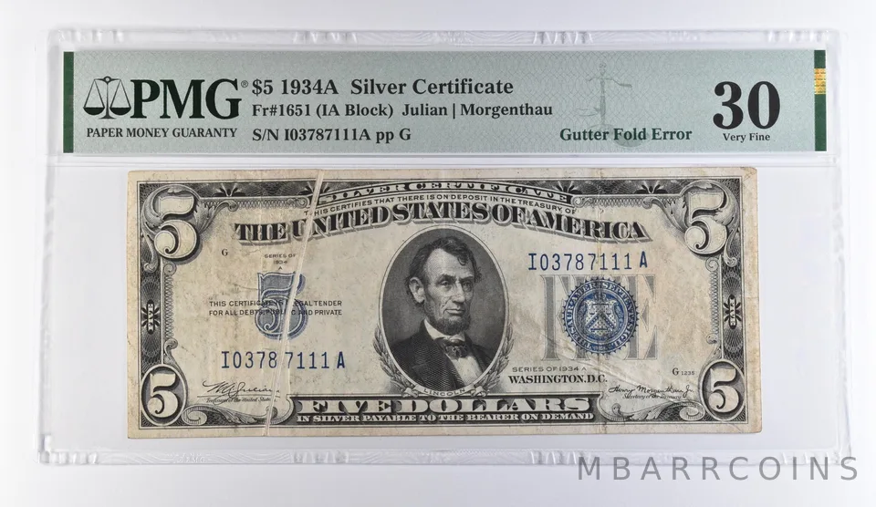 1934 A $5 Silver Certificate Fr#1651 Gutter Fold Error VF 30 PMG *9395