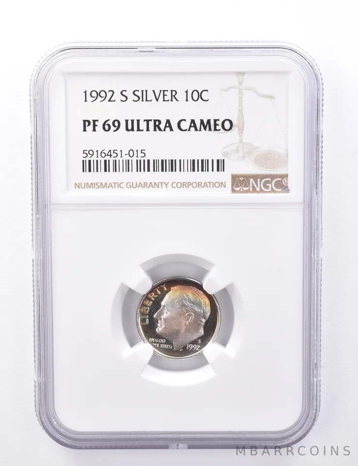 PF69 UCAM 1992-S Roosevelt Dime - Graded NGC Rainbow Toned a4394