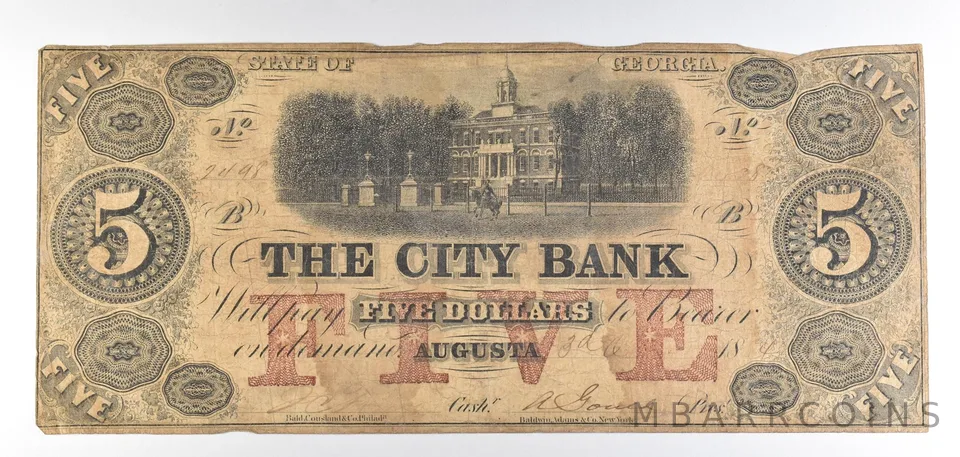 1864 $5 Augusta GA City Bank Obsolete Note *8813