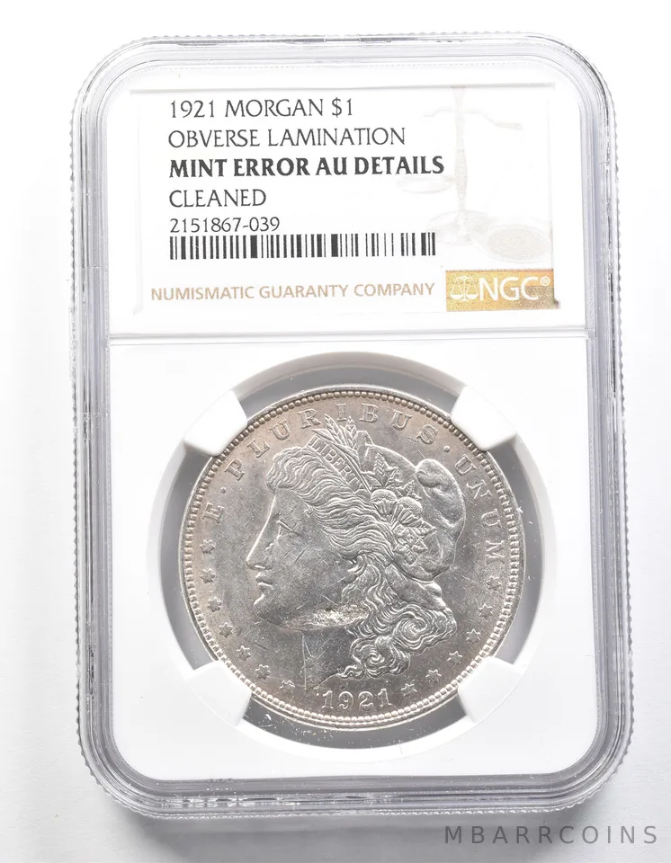 1921 Morgan Silver Dollar Mint Error Obverse Lamination AU Det NGC *1321