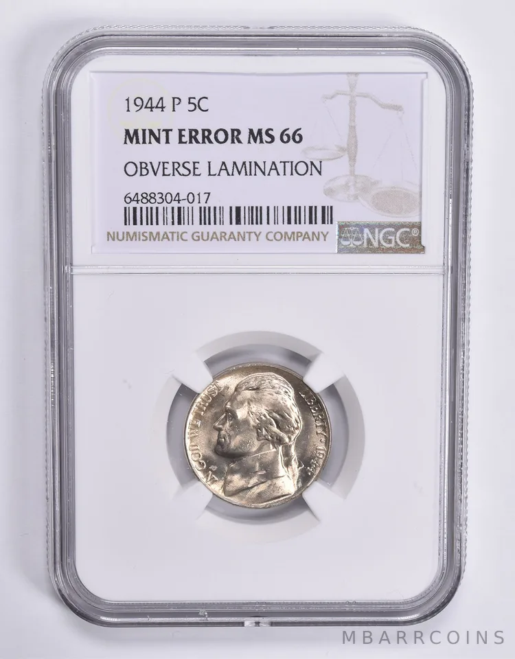 MINT ERROR MS66 1944-P Jefferson Nickel OBV Lamination NGC *1848