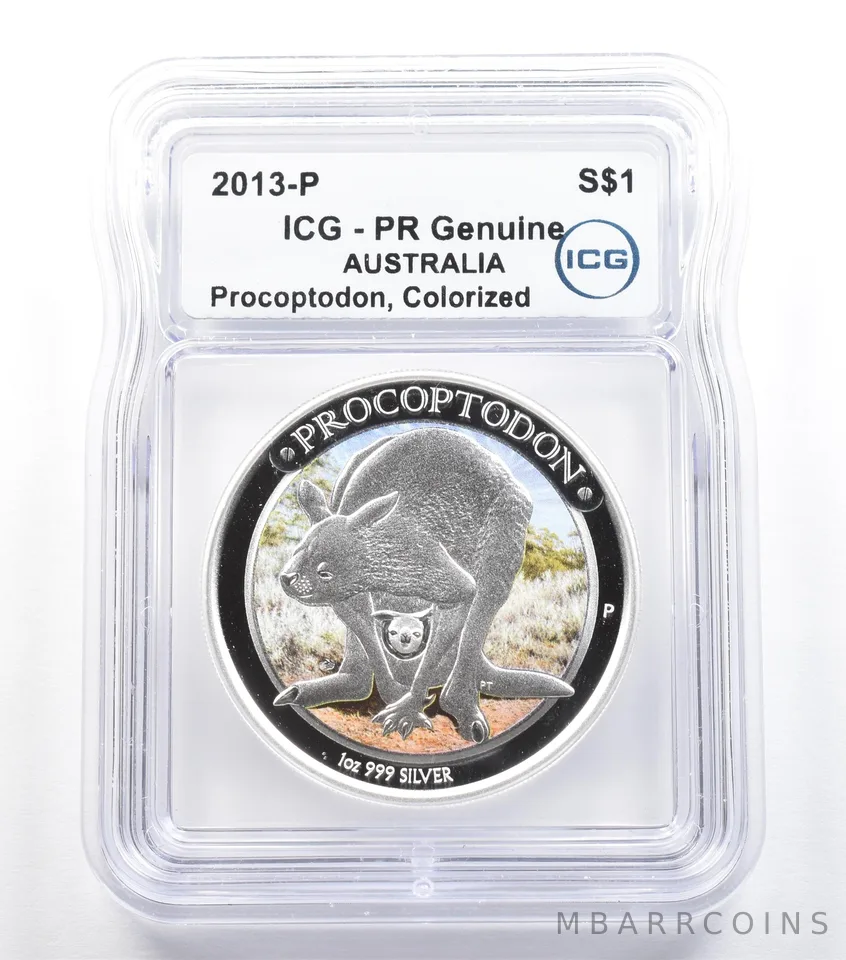 2013 P Australia 1 Dollar Silver 1 Oz Procoptodon Colorized PR Genuine ICG *5550