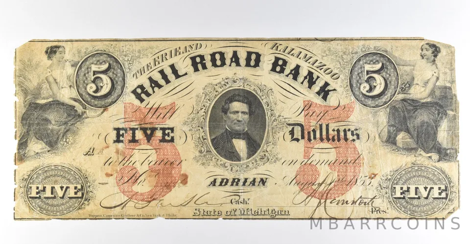 1853 $5 Adrian MI Railroad Bank Obsolete Note *8450