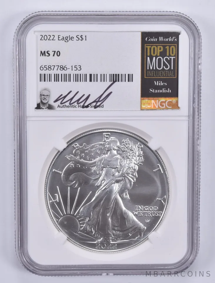 2022 American Silver Eagle MS70 NGC Signed Miles Standish
