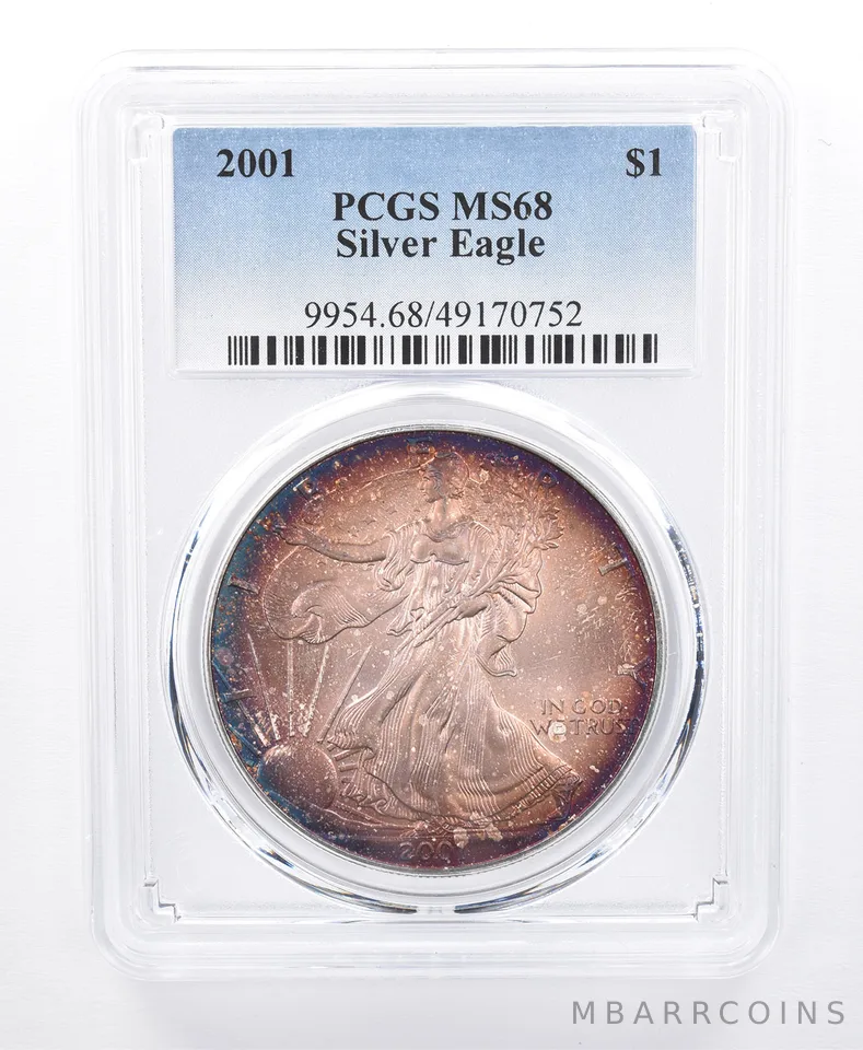 2001 American Silver Eagle MS68 PCGS Purple Tone *8667