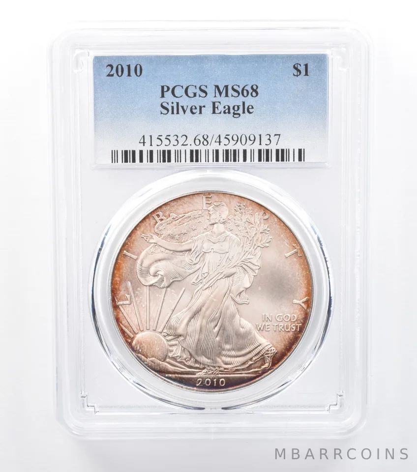 2010 American Silver Eagle MS68 PCGS Red/Orange Peripheral Tone *7752