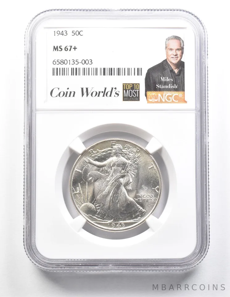 1943 Walking Liberty Half Dollar MS67+ NGC Miles Standish Label