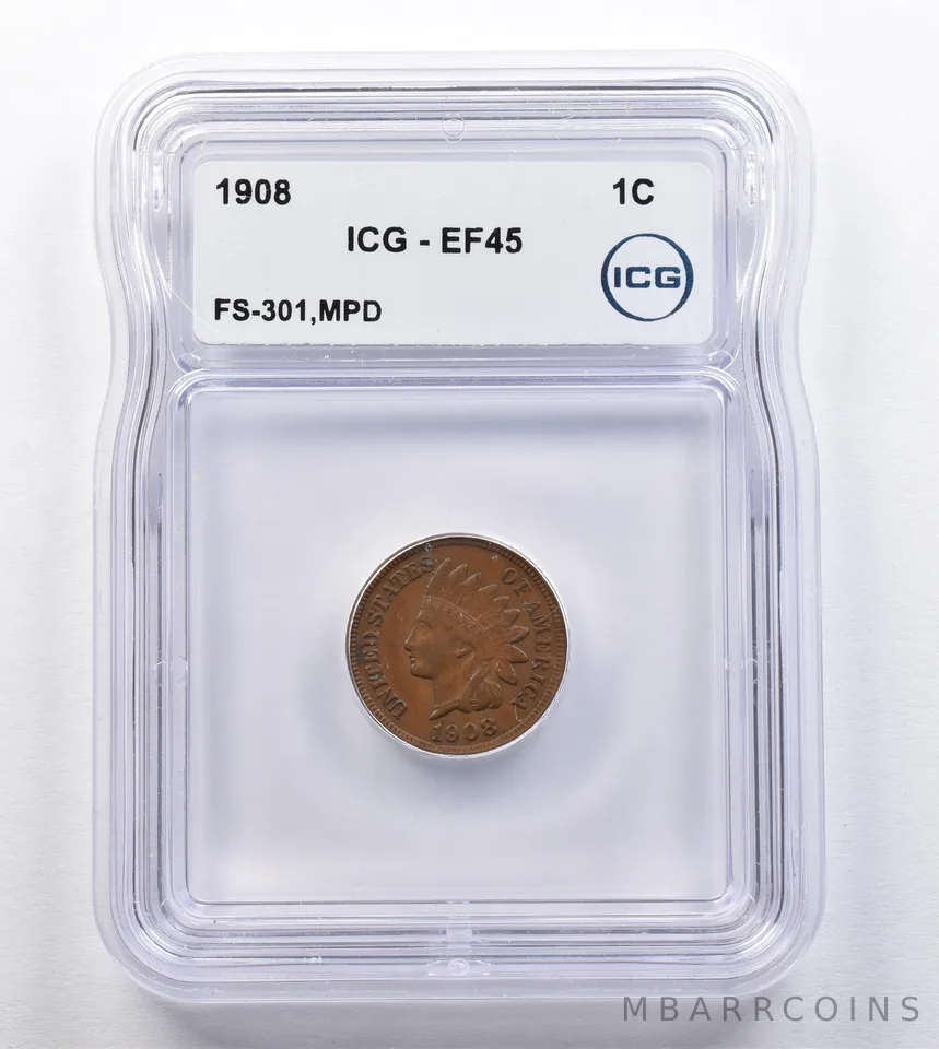 1908 Indian Head Cent FS-301 MPD EF45 ICG *2045