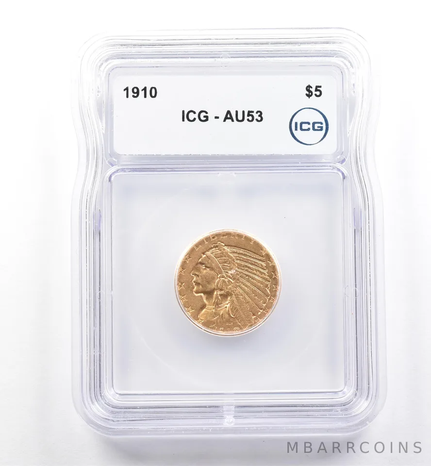1910 $5 Indian Head Gold Half Eagle AU53 ICG *6101