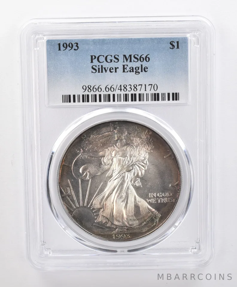 MS66 1993 American Silver Eagle PCGS Beautifully Toned Smokey Blue a1209