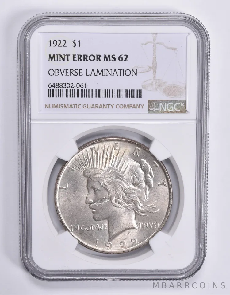 MINT ERROR MS62 1922 Peace Silver Dollar OBV Lamination NGC *1828