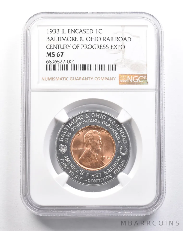 1933 IL Encased Lincoln Wheat Cent B&O Railroad Century Expo MS67 NGC *4868