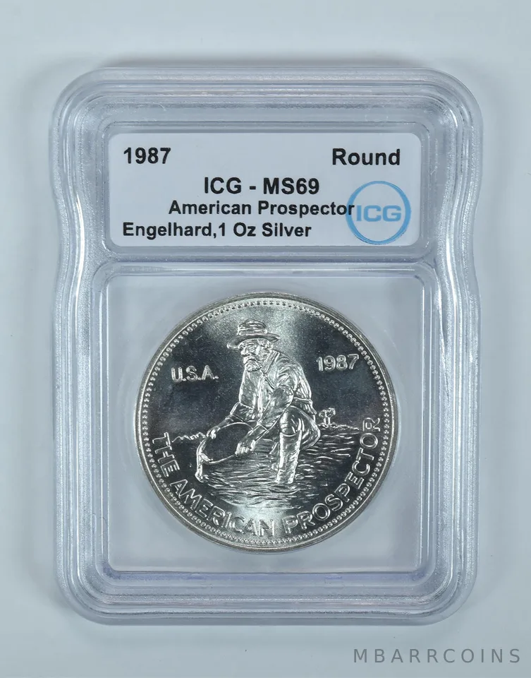 1987 Engelhard American Prospector 1 Troy Oz Silver Round MS69 ICG