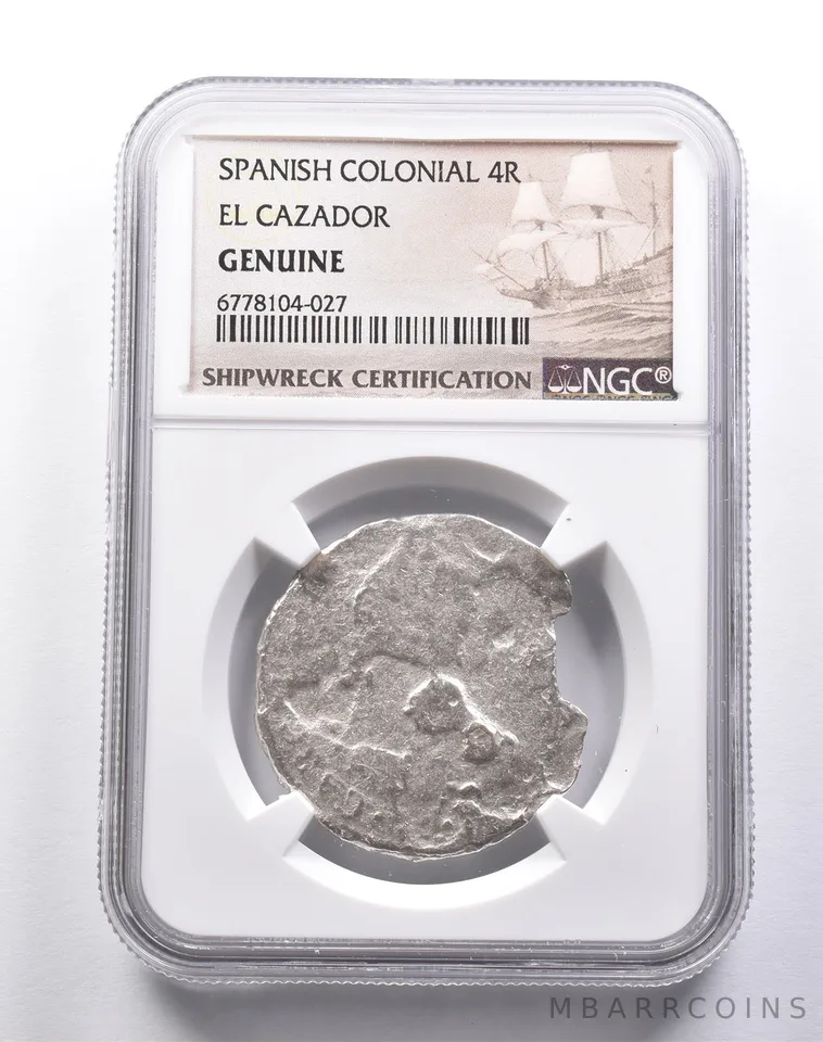 Genuine El Cazador Spanish Colonial 4 Reales NGC Shipwreck Certification a3679