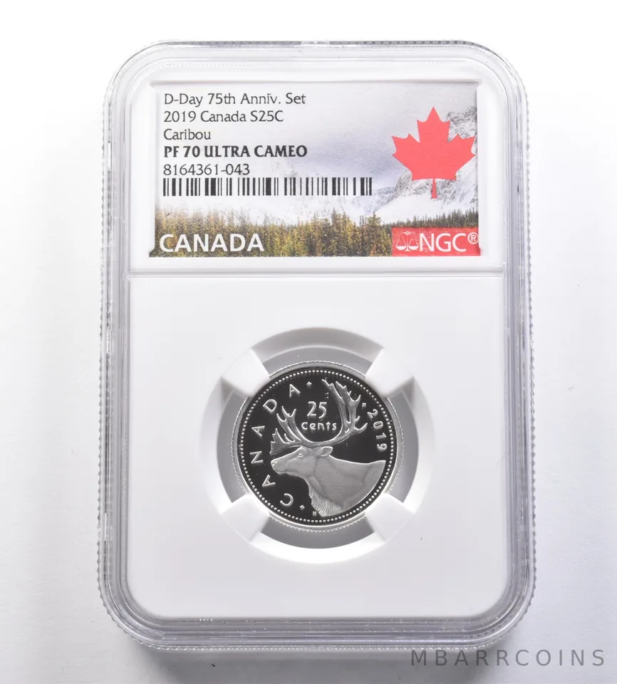 2019 Canada 25 Cents Silver D-Day 75th Anniversary Set Caribou PF70 NGC *7100