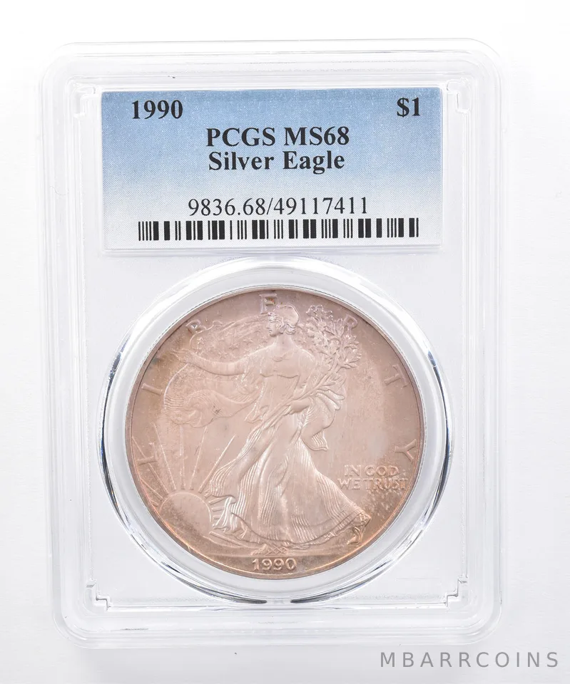 1990 American Silver Eagle MS68 PCGS Purple/Orange Tone *8445