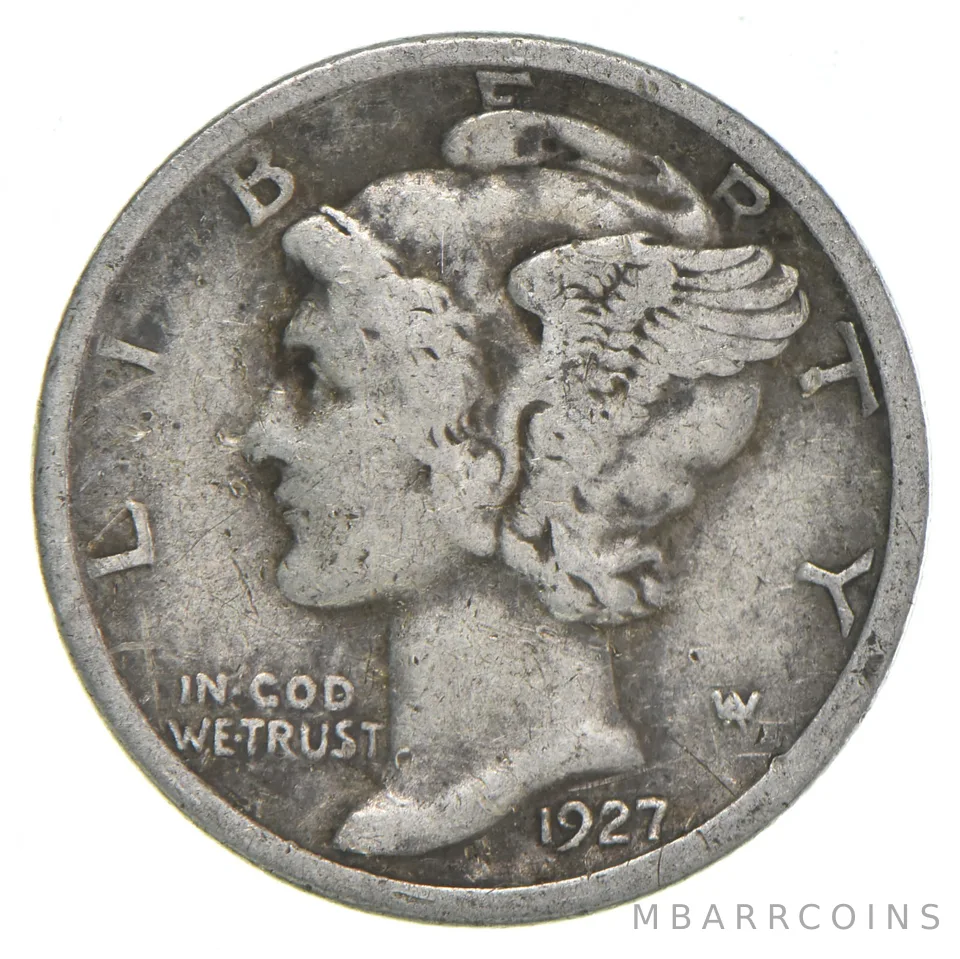 VG+ 1927-S Mercury 90% Silver Dime
