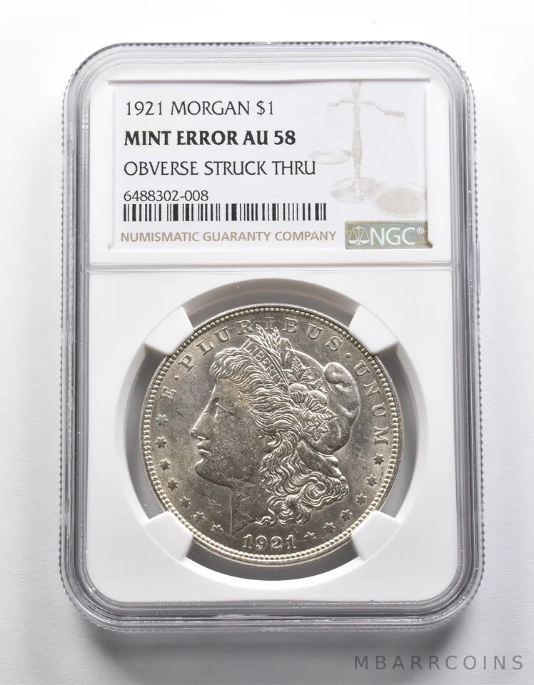 Mint Error AU58 1921 Morgan Silver Dollar OBV Struck Thru NGC *1958