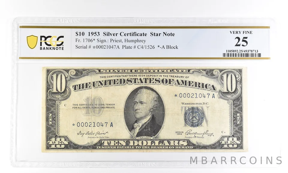 1953 $10 Silver Certificate Star Note Fr#1706* Very Fine 25 PCGS *2801