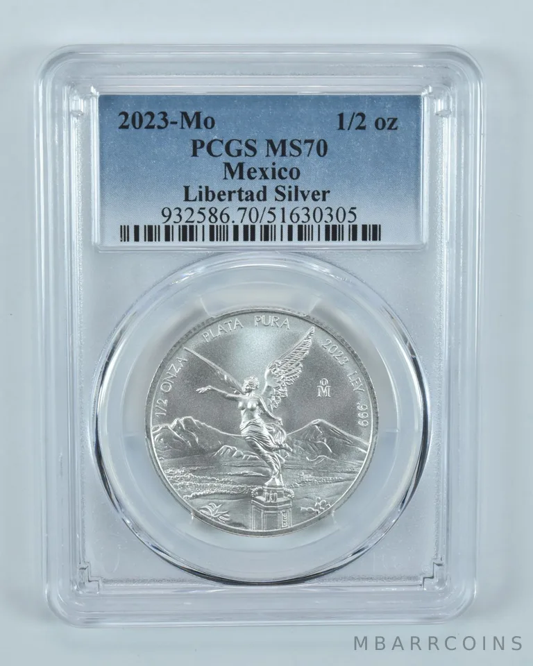 2023 Mo Mexico 1/2 Onza Silver Libertad MS70 PCGS Blue Label