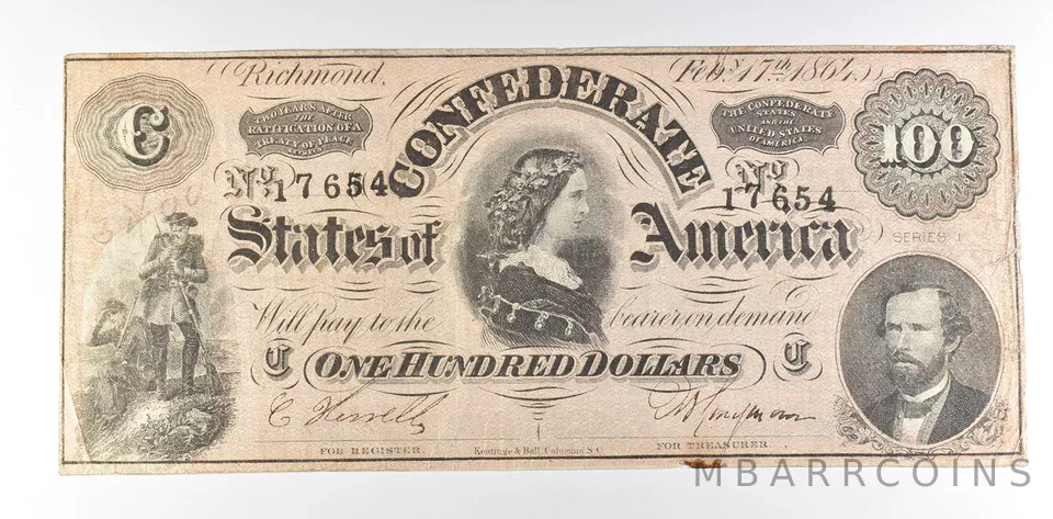 1864 $100 Confederate States Of America T-65 Large Note *8602