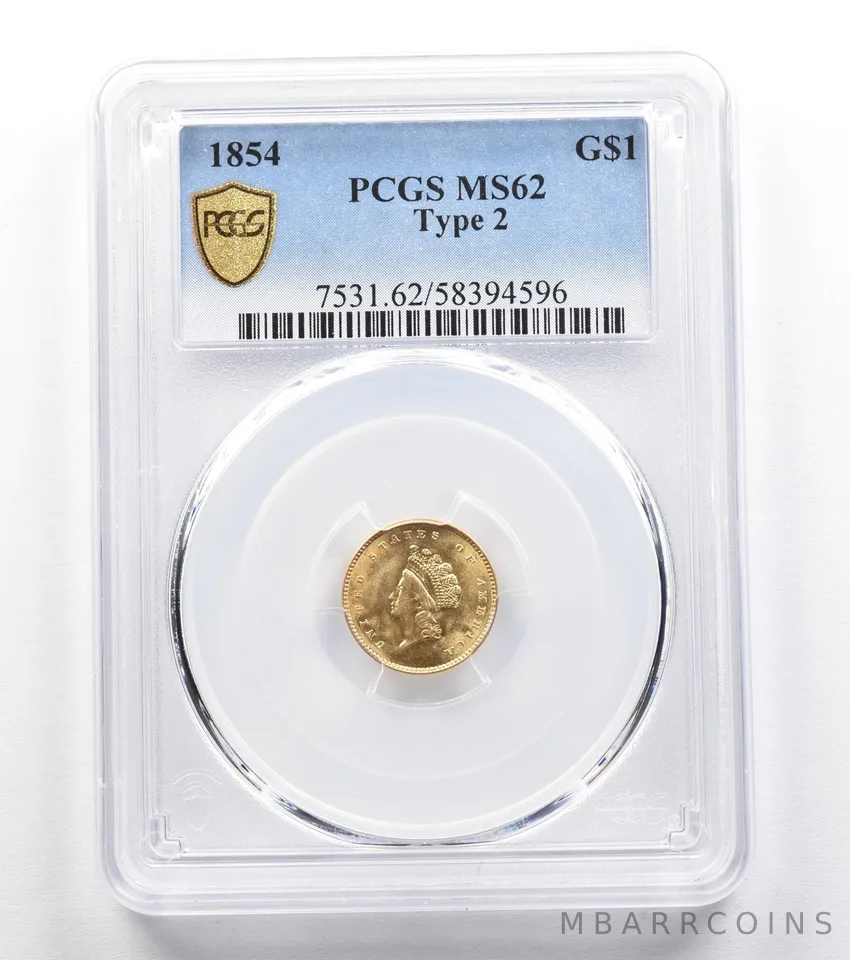 1854 $1 Indian Princess Head Gold Dollar Type 2 MS62 PCGS *9609