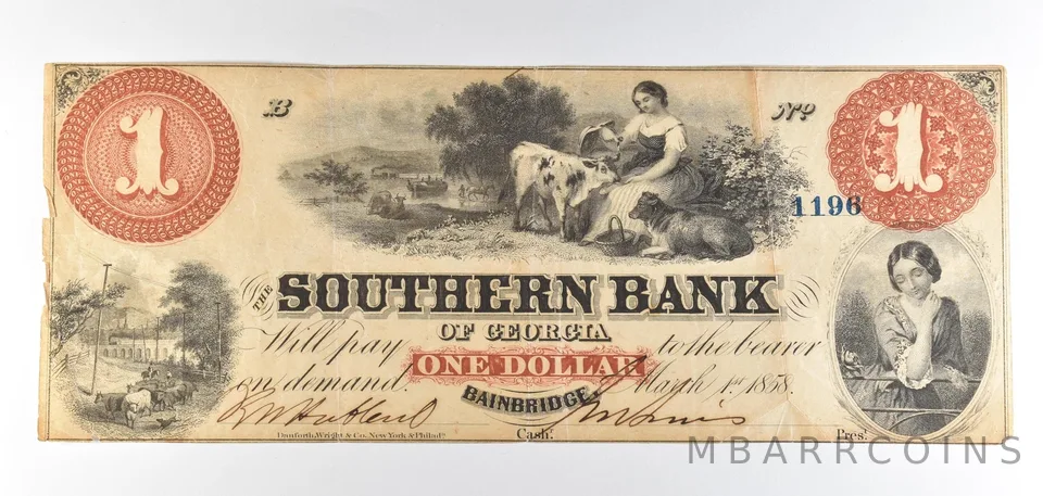 1858 $1 Bainbridge GA Southern Bank Of Georgia Obsolete Note *8799
