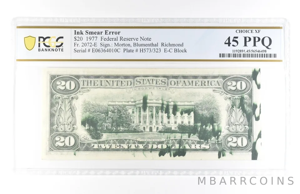1977 $20 Richmond VA FRN Ink Smear Error Fr#2072-E Choice XG 45 PPQ PCGS *5792