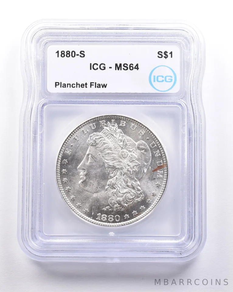 1880-S Morgan Silver Dollar Mint Error Planchet Flaw MS64 ICG *4566