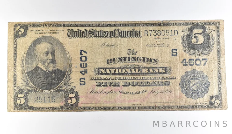 1902 $5 Huntington WV National Currency Large Note Blue Seal 4607 *1679