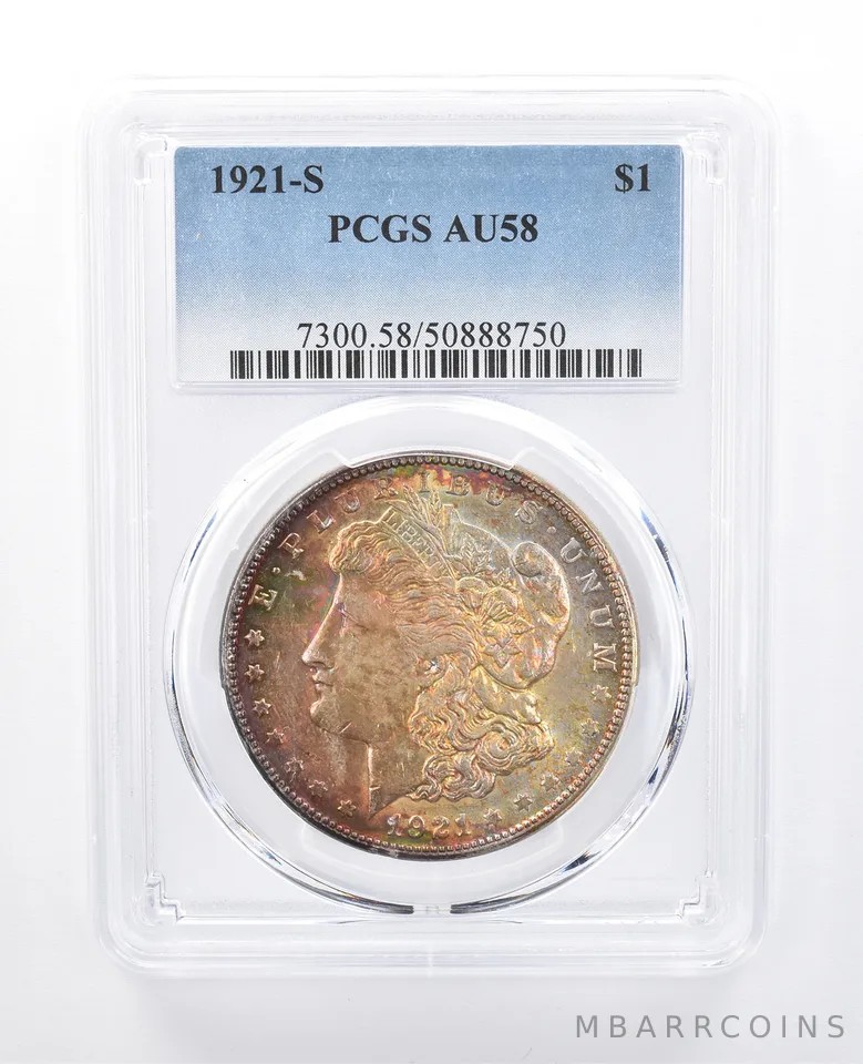 1921-S Morgan Silver Dollar AU58 PCGS Rainbow Tone *8124