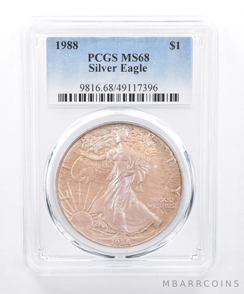 1988 American Silver Eagle MS68 PCGS Iridescent Tone *8475