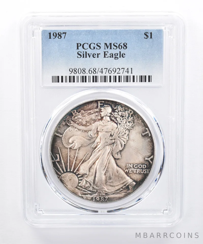1987 American Silver Eagle MS68 PCGS Watercolor Rainbow Tone *8451