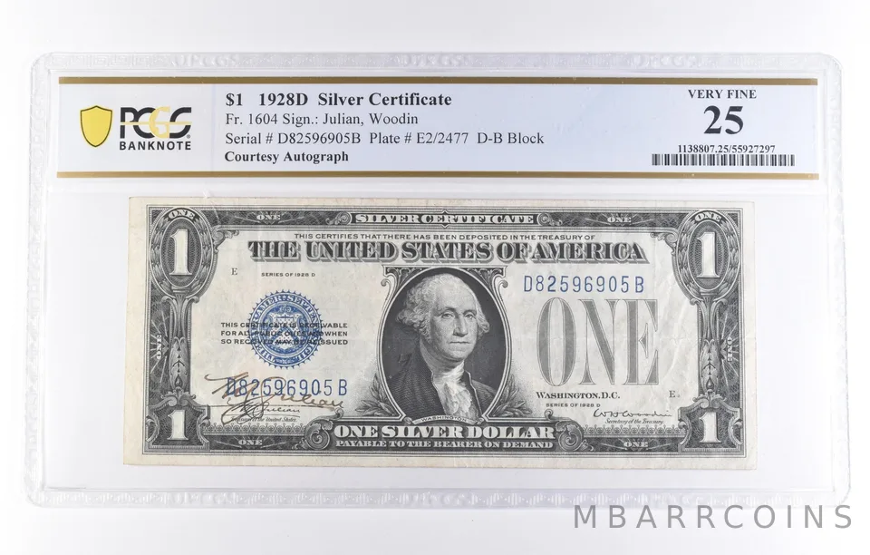1928 D $1 Silver Certificate Fr#1604 Courtesy Autograph Very Fine 25 PCGS a8676