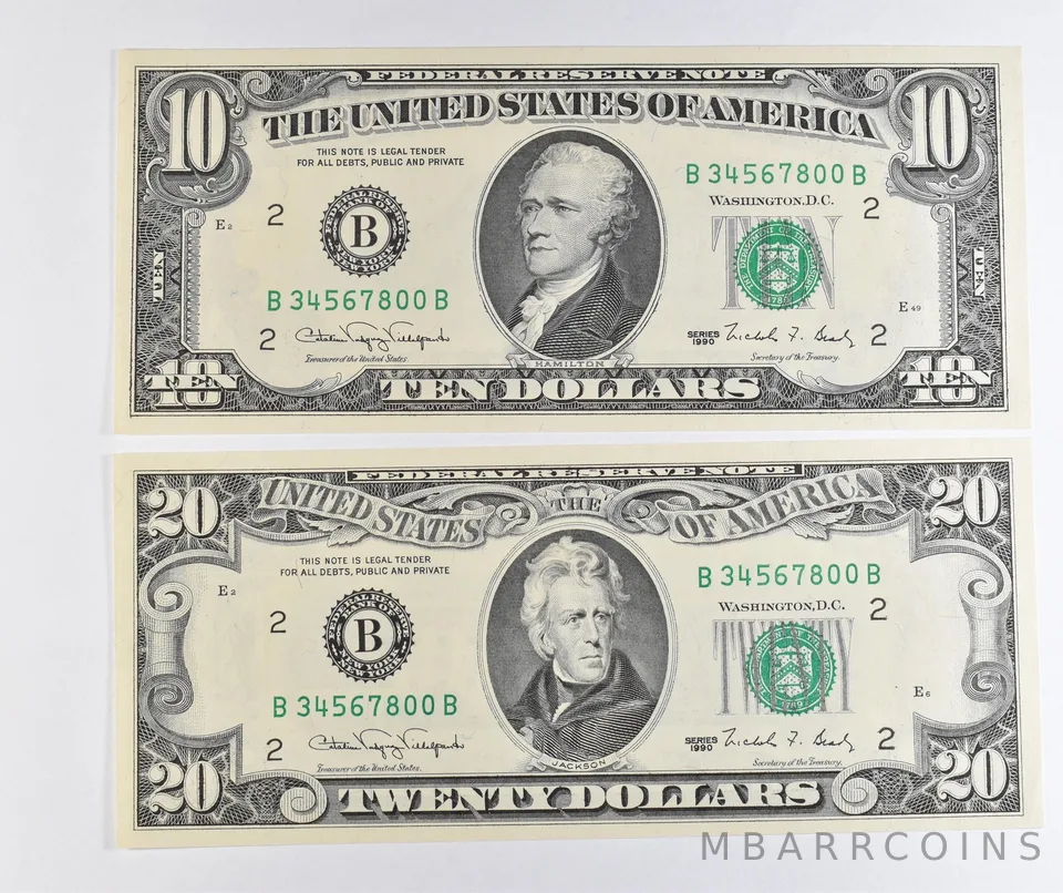 Lot (2) Matched Ladder Numbers 1990 $10/$20 New York NY FRN *1714