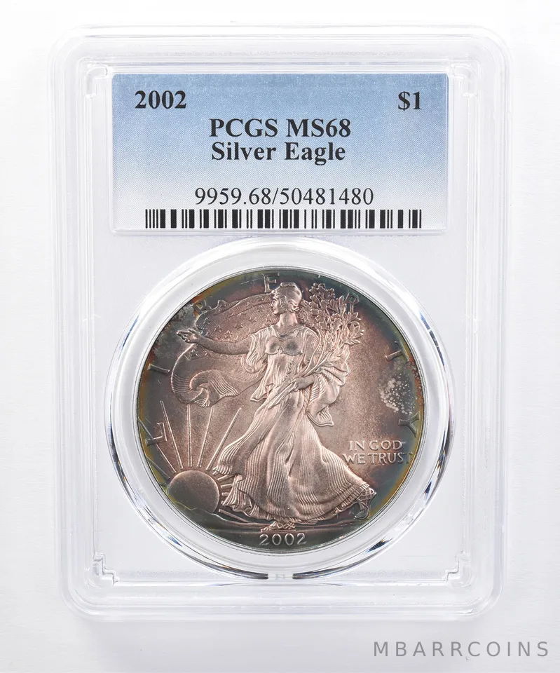 2002 American Silver Eagle MS68 PCGS Rainbow Tone *8497